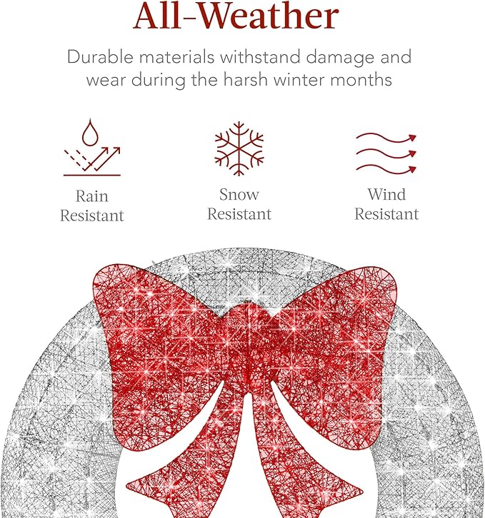 Best Choice Products 36in Pre-Lit Outdoor Christmas Wreath Decoration, LED Metal Holiday Decor for Home w/ 120 Lights, Bow - Silver/Red