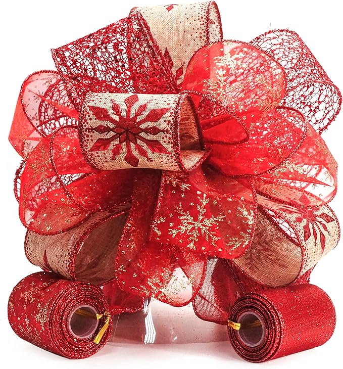 CT CRAFT LLC Red Snowflake Christmas Tree Topper Bow 11" with 4 Ribbon Streamers x 3 Yards Long Each for Holidy Elegant Fancy Home Décor Indoor