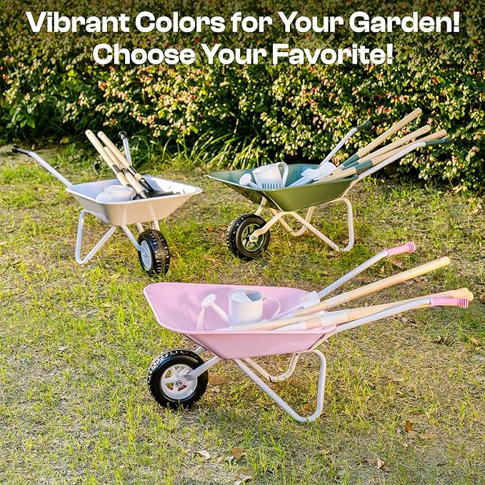 ROBOTIME Kids Wheelbarrow with Gardening Set – Metal Wheelbarrow Toddler Outdoor Play Toy with Garden Tools, Watering Can & Plant Labels, Pretend Play Yard Equipment for Boys and Girls (Pink)