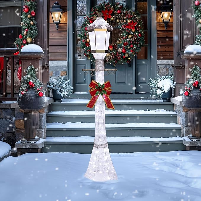 BlueWish 6FT Pre-Lit Freestanding Lamp Post for Christmas Decorations Outdoor, White Post Lamp with Removable Decorative Bow, Lighted Post Christmas Decoration with 120 LED Lights for Yard, Patio