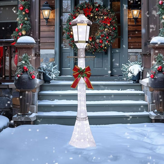 BlueWish 6FT Pre-Lit Freestanding Lamp Post for Christmas Decorations Outdoor, White Post Lamp with Removable Decorative Bow, Lighted Post Christmas Decoration with 120 LED Lights for Yard, Patio