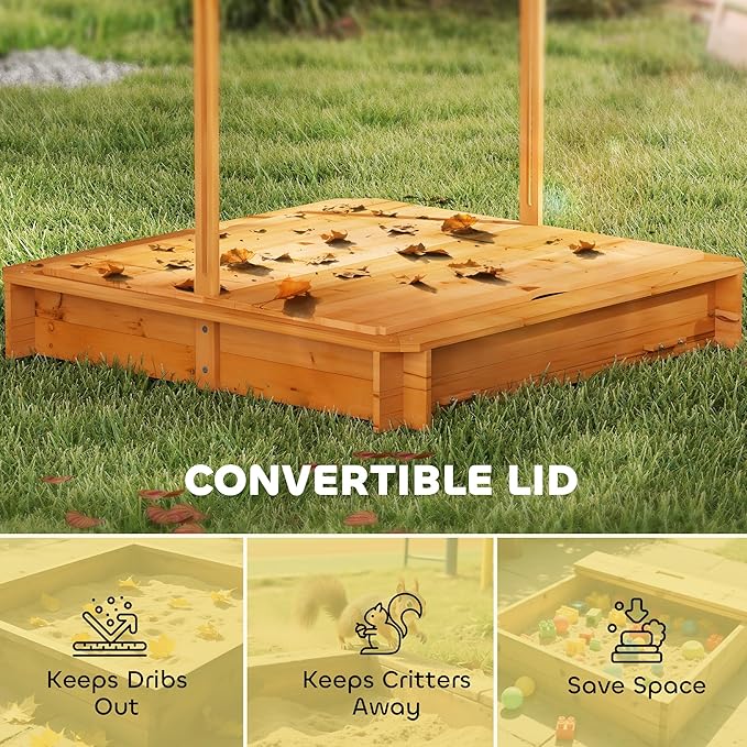 Outsunny Wooden Sandbox with Lid, Kids Sandbox with Canopy Outdoor, Sand Box with Foldable Bench Seats and Sand Protection, Bottom Liner Included, Kids Gift for Aged 3-7, 47X47 in, Red