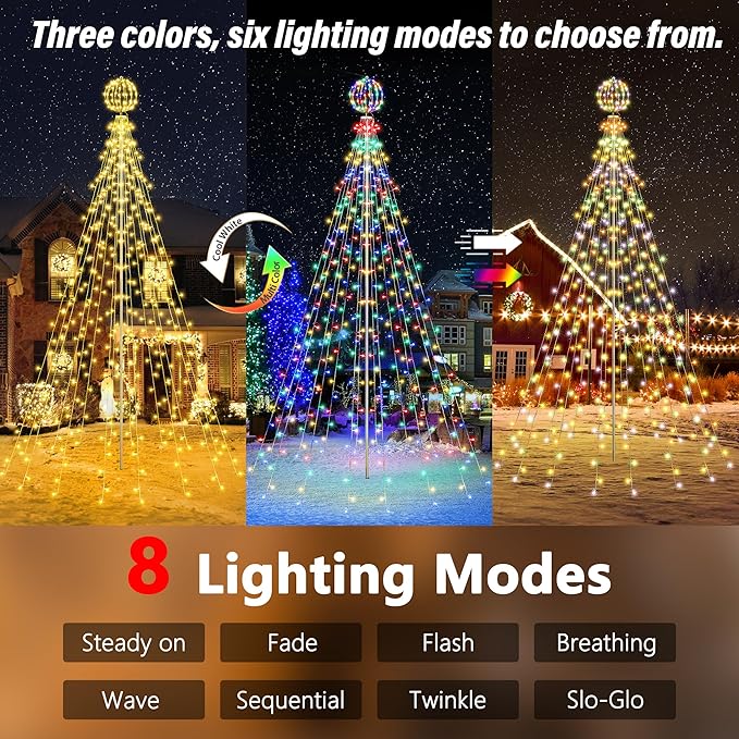 Flacchi 10 FT 432 LED Ball String Lights Outdoor - Pole Set with Remote, Multiple Lighting Modes, Timer, and Waterproof Feature for Ultimate Holiday Decor (Warm White & Multicolor)