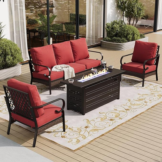 4 Piece Black Metal Outdoor Patio Furniture Sets with Firepit Table, Patio Conversation Sets 1 3-Seater Sofa, 2 Chairs with 5.75" Thick Cushion Backyard Furniture for Deck, Rust Red