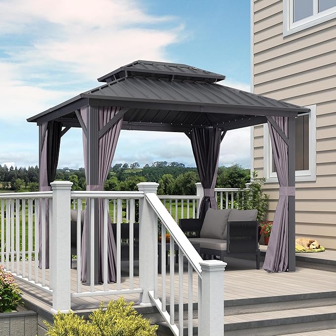 PURPLE LEAF 8' X 10' Permanent Hardtop Gazebo with Galvanized Steel Double Roof for Patio Lawn Garden Aluminum Gazebo with Netting and Curtains Grey