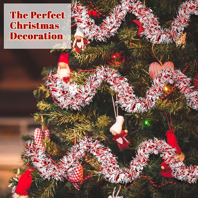 177 Feet Christmas Tinsel Garland Metallic Shiny Hanging Christmas Tree Tinsel Garland Ornaments for Indoor Outdoor Party Wedding Holiday(Red White Silver)