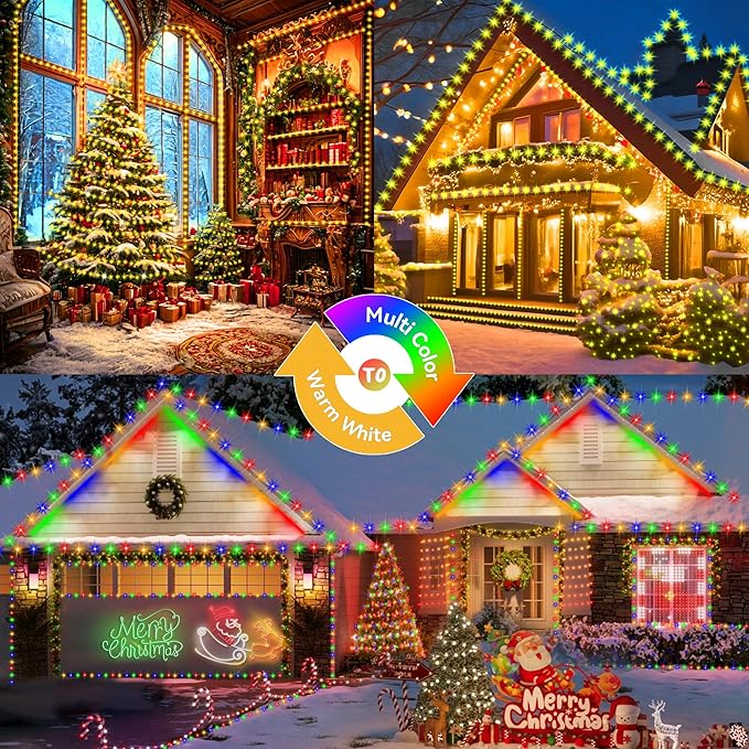 KNONEW Christmas Lights Outdoor 300 LED 99FT Clear Wire Color Changing String Lights with 11 Modes & Timer Dimmable Fairy Light for Xmas Tree Roof Yard Wedding Decorations(Warm White to Multicolor)