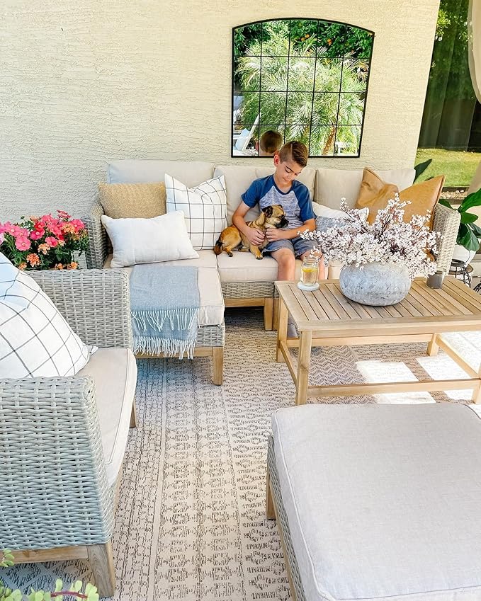 Sophia & William Outdoor Patio Furniture Sets, 5-Piece All-Weather Patio Conversation Set, High Back Wicker Rattan Setional Sofa with Large Single Sofa Chairs, Ottomans & Wooden Coffee Table (Beige)