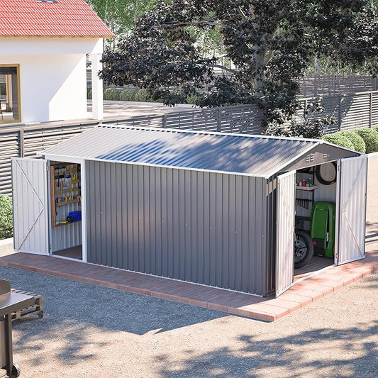 10x14 FT Outdoor Metal Storage Shed with Side Door & Floor Frame, Extra-Large Tool Shed with Lockable Double Doors, Weatherproof Garden Shed for Backyard, Lawn Equipment and Patio Storage