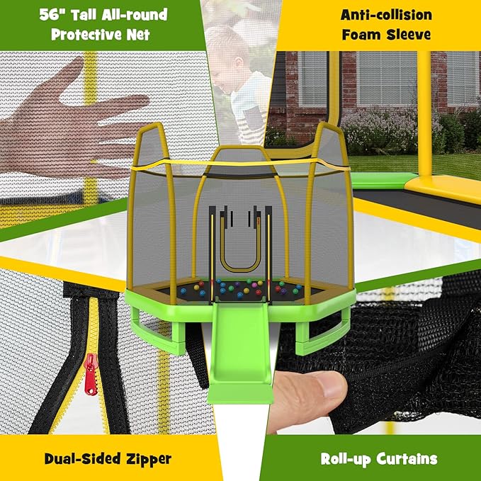 GYMAX Trampoline for Kids, ASTM Approved 7FT Trampoline with Slide, Ladder, Ocean Balls & Mats, Small Indoor/Outdoor Toddler Recreational Trampoline with Enclosure Net, Backyard Trampoline