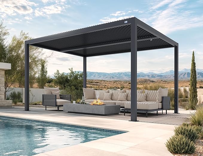 PURPLE LEAF Louvered Pergola 94AS 11' x 15' Aluminum Metal Outdoor Pergola wtih Adjustable Louvered Roof and Integrated Drainage System for Patio Deck Backyard Modern Gray Gazebo
