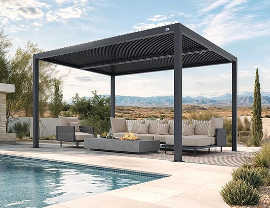 PURPLE LEAF Louvered Pergola 94AS 11' x 15' Aluminum Metal Outdoor Pergola wtih Adjustable Louvered Roof and Integrated Drainage System for Patio Deck Backyard Modern Gray Gazebo