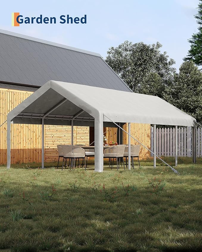 13X25 Ft Carport Canopy,Portable Garage with 4 Roll-Up Windows & Doors, Heavy-Duty 200g PE Tarp, Waterproof UV Resistant Anti-Snow Shelter for Car, Truck, Boat, Motorcycle