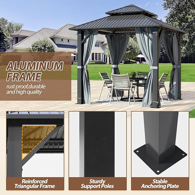 8.5' x 8.5' Hardtop Gazebo, Galvanized Steel Double Roof Gazebo with Nettings and Curtain Outdoor Aluminum Frame Vertical Stripes Roof Gazebos for Patio, Backyard, Lawn