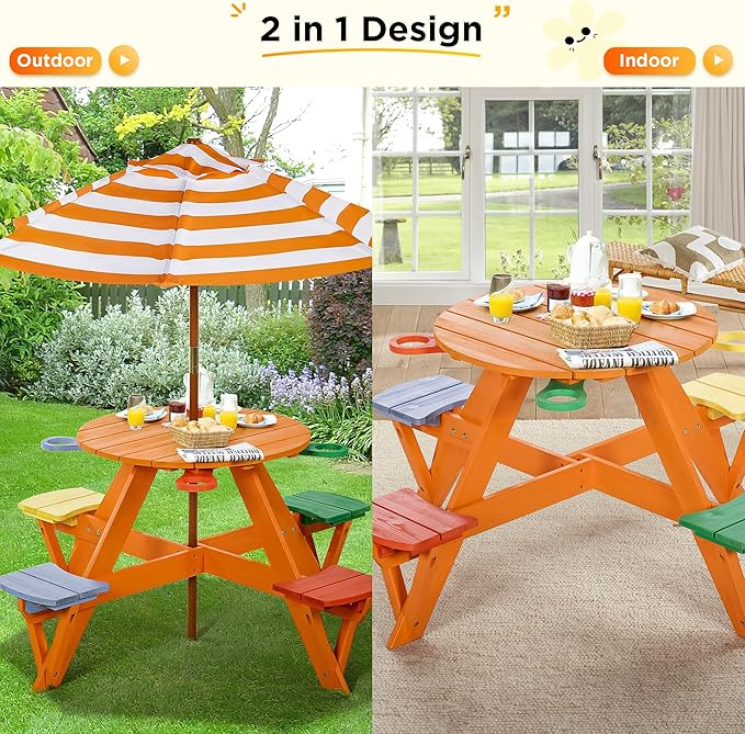 Kids Picnic Table & Stool Set, Outdoor Wood Round Table & 4 Bench, Toddler Picnic Table Set w/Height Adjustable Umbrella, Children Activity Table w/Cup Holders for Patio, Garden, Backyard
