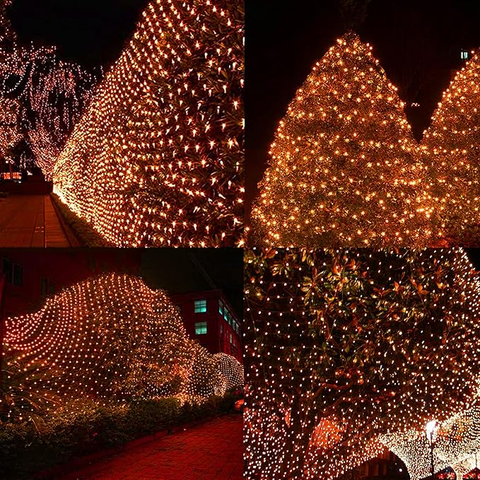Dazzle Bright Halloween 200 LED Net Lights, 9.8 FT x 6.6 FT Connectable Mesh Lights Clear Wire with 8 Lighting Modes, Halloween Decorations for Indoor Outdoor Bush Yard Garden Decor (Orange)