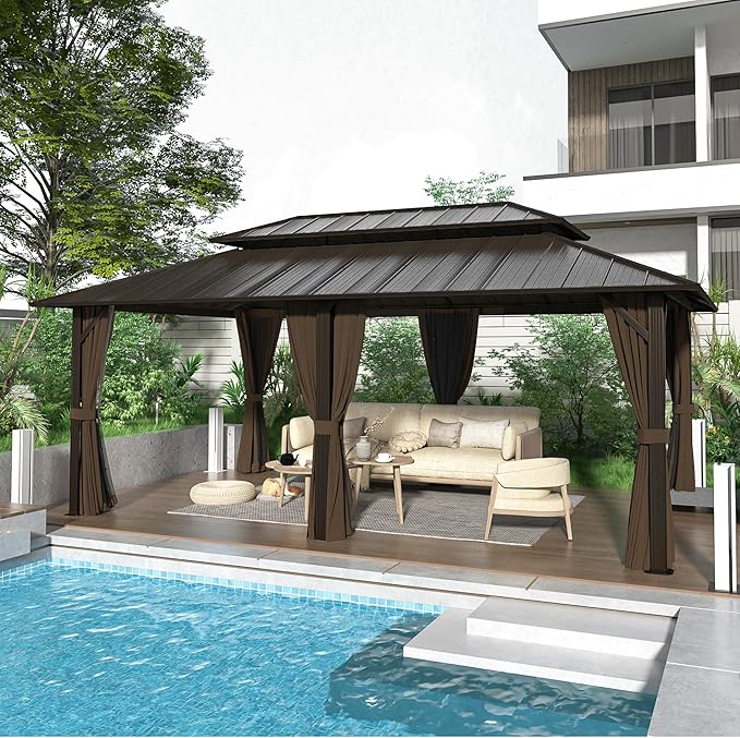 12' x 20' Hardtop Gazebo, Aluminum Frame Gazebo with Double Galvanized Steel Roof, Outdoor Permanent Pavilion with Netting & Curtains for Backyard, Garden, or Deck, Brown