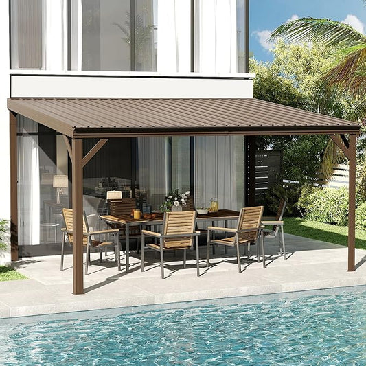 Domi 10' x 14' Lean to Gazebo, Wall Mounted Gazebos Pergola with Built in Drainage System, Galvanized Steel Roof, Hardtop Patio Shelter for Deck, Porch, Backyard and More,Brown