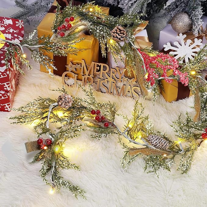 Christmas Garland with 50 Lights for Mantle - 6 Ft Snowy Cedar Garland with Pine Cones Red Berries Artificial Greenery Garlands with Timer, Prelit Garland for Holiday Table Centerpiece