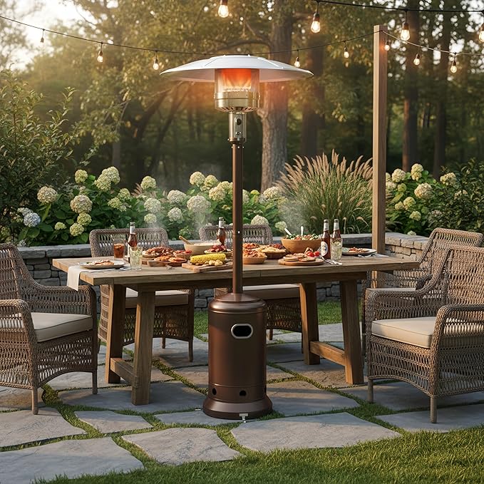 Sundale 50,000 BTU Patio Heater with wheels, Double-Layer Stainless Steel Burner Gas Powered Heaters for Outdoor Use, Propane Patio Heater for Home and Commercial Use, Heats Up to 18ft (Brown)