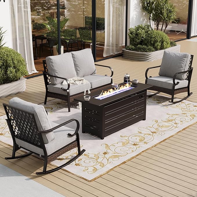 4 Piece Metal Outdoor Patio Furniture Sets with Firepit Table, Patio Conversation Sets 1 2-Seater Sofa, 2 Rocking Sofa with 5.75" Cushion Black Backyard Furniture for Deck, Light Gray