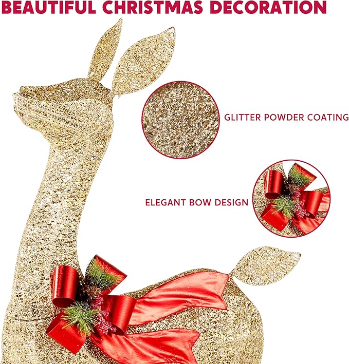 JOYIN Outdoor Christmas Decorations for Yard, 3 Pcs Lighted Christmas Deer Family Set, 3 4 5FT Warm White LED Lights Christmas Yard Decor, 3D Reindeer with Ground Stakes for Lawn Garden Porch Holiday