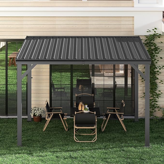 Domi 10'x12' Wall Mounted Hardtop Gazebo, Connectable Lean to Pergola with Gutters & Galvanized Steel Roof, 60MPH Wind Resistance, Outdoor Heavy Duty Metal Awning for Patio, Deck, Backyard - Grey