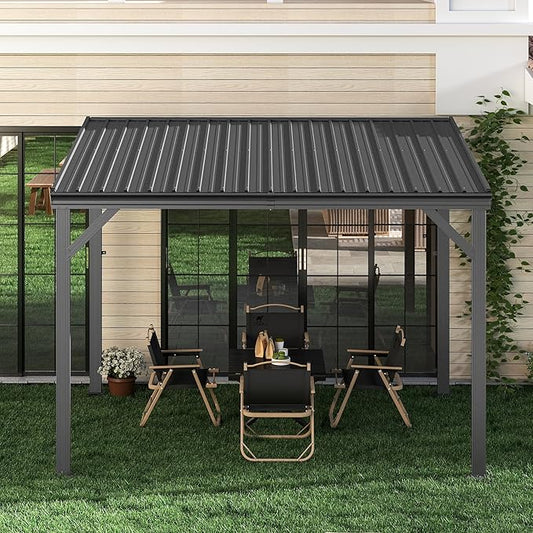 Domi 10'x12' Wall Mounted Hardtop Gazebo, Connectable Lean to Pergola with Gutters & Galvanized Steel Roof, 60MPH Wind Resistance, Outdoor Heavy Duty Metal Awning for Patio, Deck, Backyard - Grey