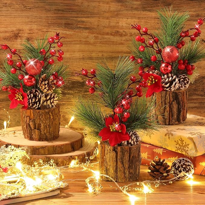 3 Pcs 11 Inch Christmas Tree Tabletop Artificial Mini Christmas Tree Decorations with Holiday Ornaments Pine Cone Berry Farmhouse for Fireplace Home Indoor Decor (Poinsettia)