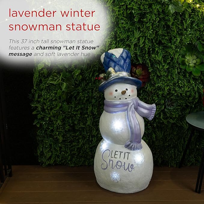 Alpine Corporation SKY558L, Lavender White Let It Snow Snowman Statue with Fading LED Lights, Large Over 3 Feet Tall - Indoor/Outdoor Winter Décor, Christmas Decoration