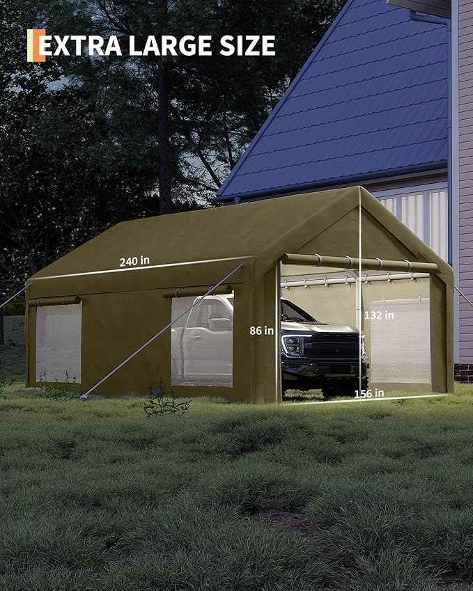 13X20 FT Portable Carport Garage with Roll-Up Windows & Doors, Heavy-Duty 200g PE Tarp, Waterproof & UV Protected Outdoor Shelter for Car, Boat, Truck, Motorcycle