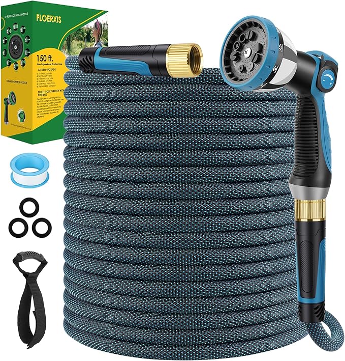 Non-Expandable Garden Hose 150 FT, Lightweight Hose with 10 Function Spray Nozzle, Kink-Free Flexible Water Hose, Durable, Leak-Proof, 360¡Æ Swivel Connectors, Portable Storage Strap