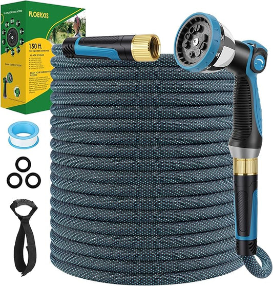 Non-Expandable Garden Hose 150 FT, Lightweight Hose with 10 Function Spray Nozzle, Kink-Free Flexible Water Hose, Durable, Leak-Proof, 360¡Æ Swivel Connectors, Portable Storage Strap