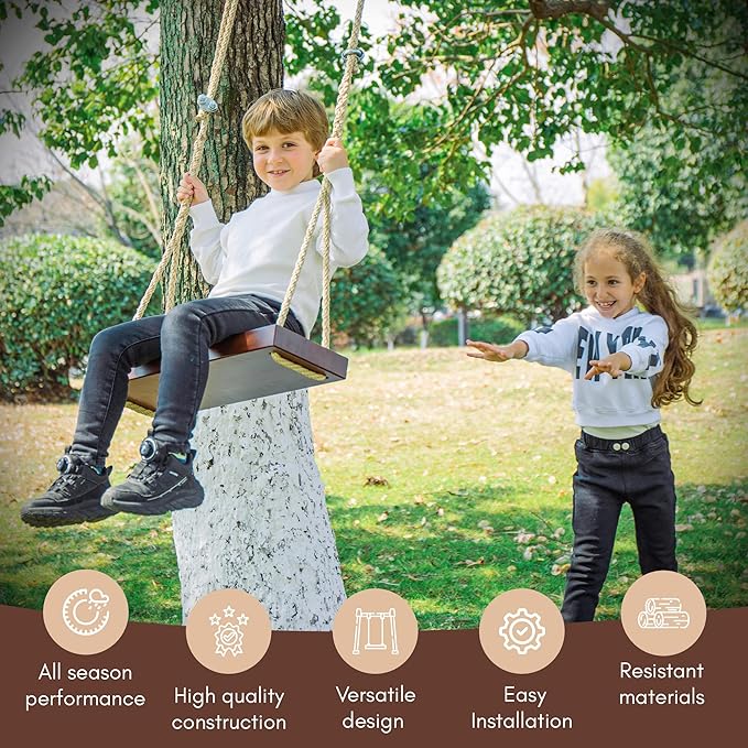 Outdoor Wood Hanging Seat, 22" x 8" x 2" Cedar Wooden Tree Swing for Adults & Kids, 440+ lb Capacity, Adjustable 5-7 ft Rope, Classic Heavy Duty Tree Swing for Backyard & Porch