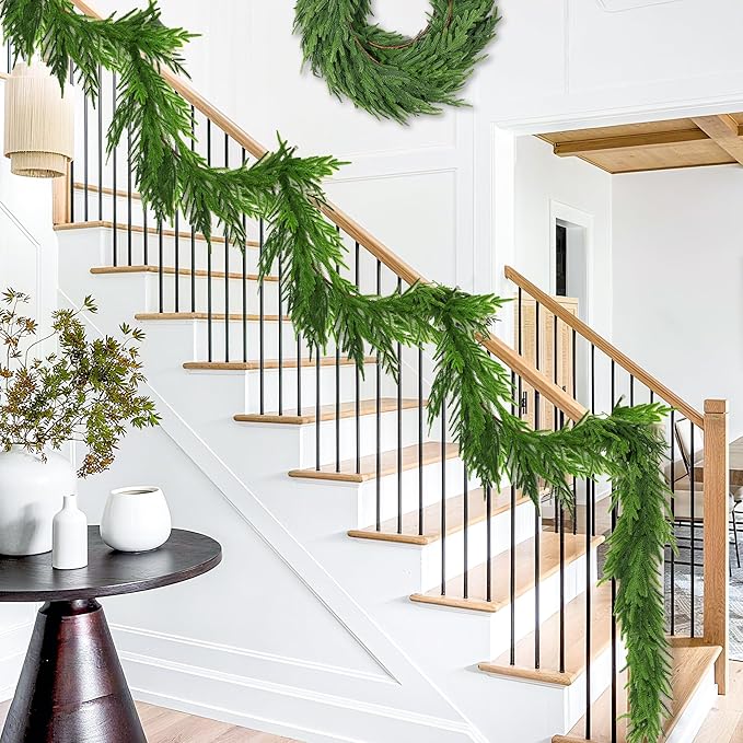 9 FT Christmas Norfolk Pine Garland Real Touch Artificial Faux Greenery Pine Christmas Garland Decorations for Home Mantle Table Stairs Door Fireplace Indoor Outdoor Xmas Holiday Decor