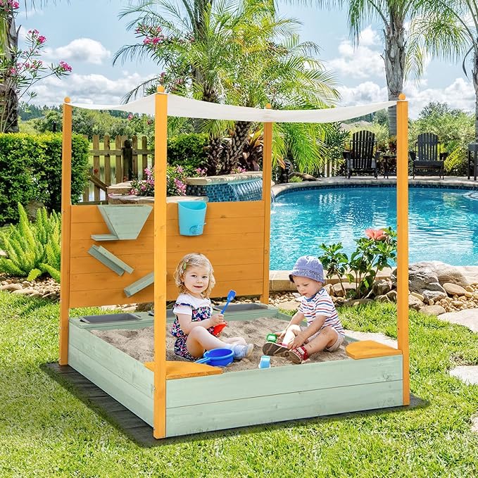 Costzon Kids Sandbox with Sand Wall, Wooden Sandpit w/Removable Canopy, Water Bucket, Storage Bins, 2 Corner Seats & Bottom Liner, Outdoor Sand Box for Kids Aged 3-8 (Backyard, Garden & Beach)