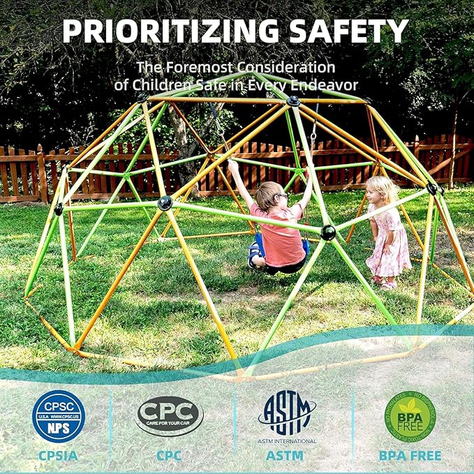 Easyego Climbing Dome, 10FT Jungle Gym with Swing for Kids 3 to 10 Outdoor Play Equipment, Supports 800lbs Toddler Play Set, Anti-Rust & Easy Assembly, Gift for Boys Girls (Green & Yellow)