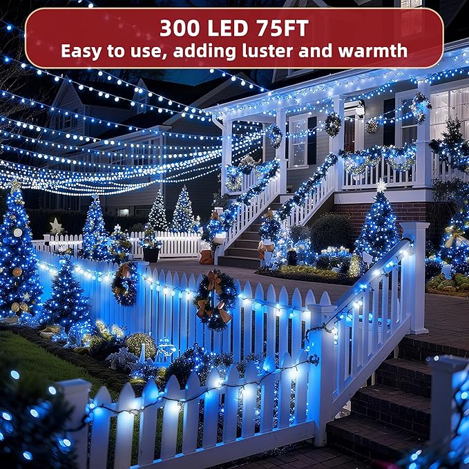 300 LED Outdoor Christmas Lights 75ft, 12 Lighting Modes Indoor String Lights Dimmable & Timer Memory, Outsite Waterproof Tree Lights for Xmas Garden Wedding Party Holiday Decorations Blue & White