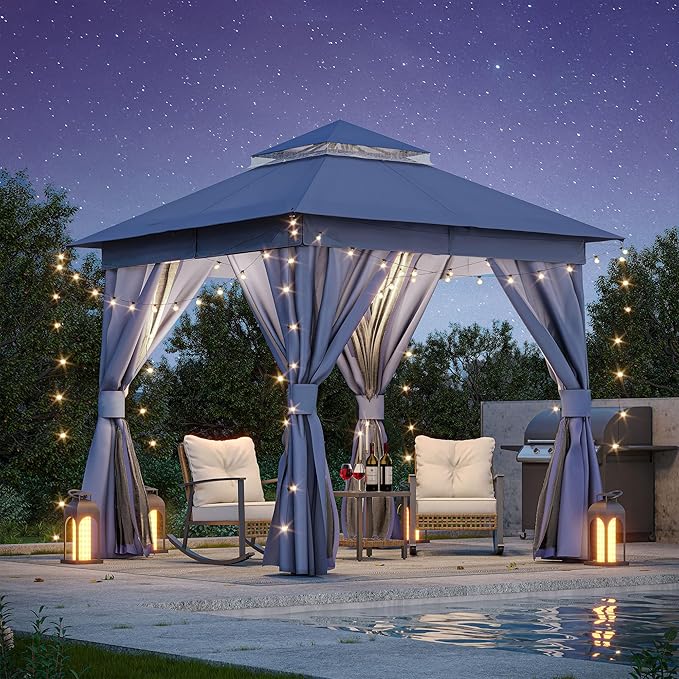 LAUSAINT HOME 8x8ft Outdoor Patio Gazebo with Double Roof, Heavy Duty Waterproof Gazebo Canopy Tent with Mosquito Netting for Backyard, Garden, Lawn & Wedding, Navy Blue