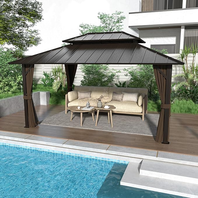 12' x 16' Hardtop Gazebo, Aluminum Frame with Double Galvanized Steel Roof, Outdoor Metal Gazebo with Netting & Curtains for Backyard, Garden, or Deck, Brown