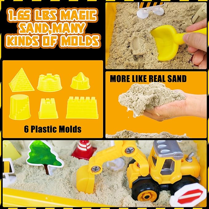 Construction Sensory Bin, Tractor Sand Playset Construction Sandbox with Toy Truck Play Sand and Signs, Sand Art Kit for Kids Ages 3 and up