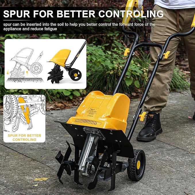 Garden Rototiller 17-Inch 15-Amp Corded Electric Tiller/Cultivator, Adjustable Wheels, 8-Inch Tilling Depth Tiller