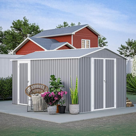 8x12 FT Outdoor Storage Shed with Gable Roof, Lockable Double Doors & Adjustable Side Door, Weatherproof with Frame Floor, Large Metal Utility Shed for Garden, Backyard, Patio