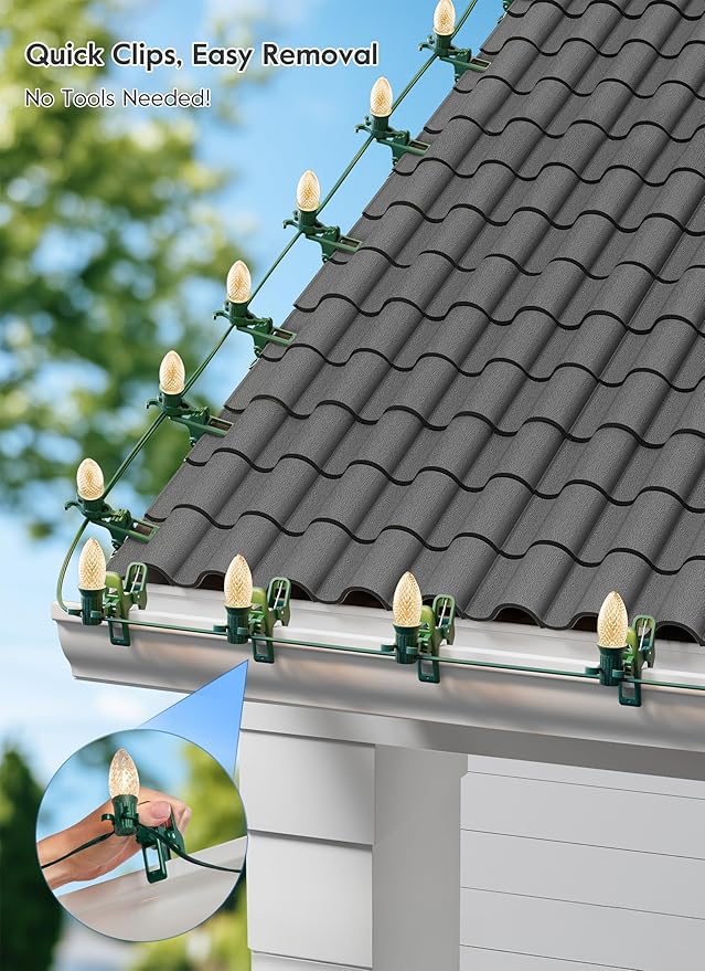 C7 C9 Large Christmas Light Clips – Universal Gutter & Shingle Clips for E12/E17 Base, Mini & Icicle Lights – Outdoor Spring Clips for Roof, Fence, String Lights Decorations – 100 Pack