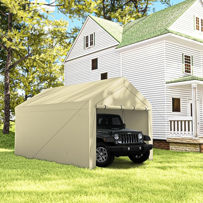 10x20 Carport, Heavy Duty Carports with Removable Sidewalls, Waterproof and UV-Resistant Portable Outdoor Garage Shelter for All Season (Beige)