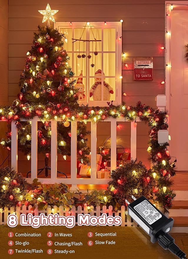 C9 LED Christmas Lights Outdoor, 81 Feet 100 LED String Lights with Timer & 8 Light Mode, Waterproof Commercial Grade Christmas Tree Lights for Outside Indoor Roofline Patio, Red & Warm White 2 Pack