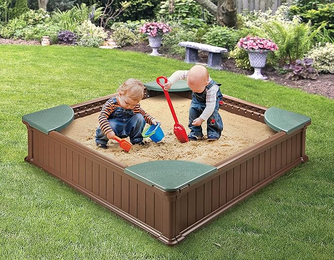 Badger Basket 2 in 1 Sandbox & Garden Planter - Easy Assembly Outdoor Sensory Play and Planting Box - Durable Woodgrain Plastic with Cover & Liner - (48.75 x 48.75 x 12.01)