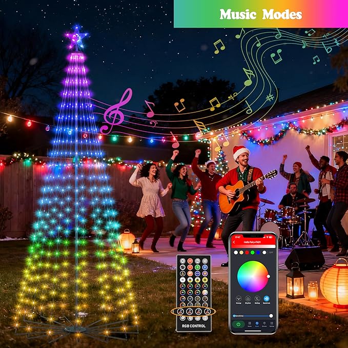 8FT Lighted Outdoor Christmas Tree, 340 LED Smart Cone Tree, Music Sync RGB Fairy Lights, LED Light Show, APP and Remote Control, Timer Function, Perfect for Outdoor Christmas Decorations