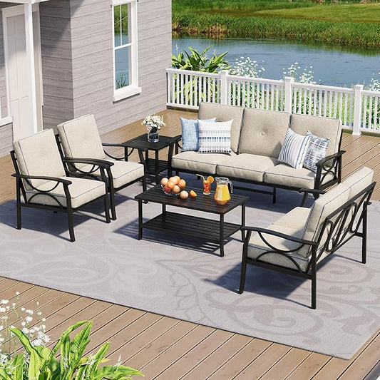 6-Piece Outdoor Patio Furniture Set, Outdoor Metal Sectional Furniture with Cushions, Outdoor Conversation Seating Set with Side Table for Deck, Backyard, Garden, Balcony, Black