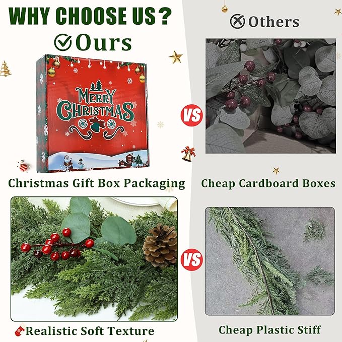 6ft Christmas Garland Realistic Soft and Thickness Green Faux Cedar Pine Garland Artificial Cedar Cypress Garland with Red Berries for Home Fireplace Wall Indoor Outdoor Holiday Party Decoration